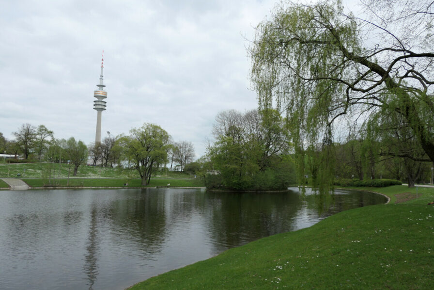 Ein letzter Blick vom kleinen Olympiasee zum Olympiaturm in München