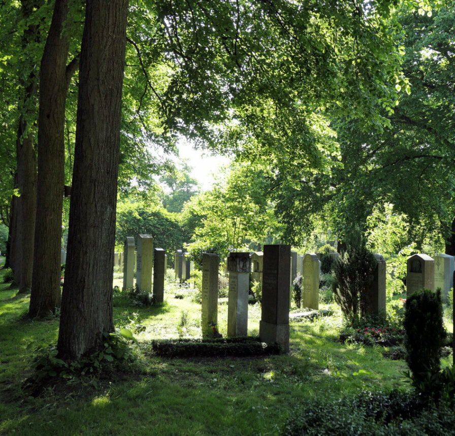 Die Gräber im Münchner Ostfriedhof sind schön in die grüne Umgebung eingebettet