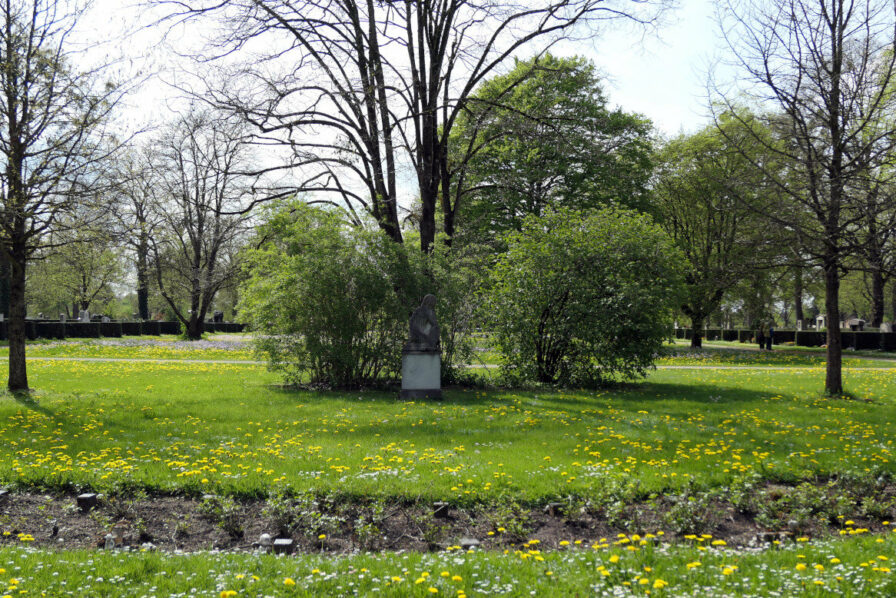 Im Westteil des Münchner Westfriedhofs gibt es eine breiten grabfreien Streifen mit Bänken an der Seite